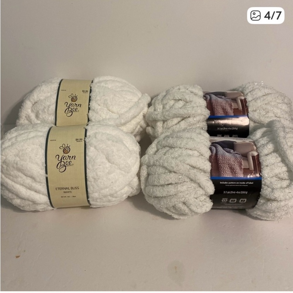4 skeins chunky yarn Mainstays Sparkle white Chenille  n honeybee plain white
